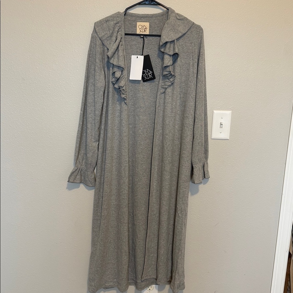 Chaser Ruffle Trim Belted Cardigan Ribbed Knit Longline Open Front NWT SZ SM